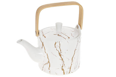 Чайник порцеляновий із бамбуковою ручкою, Мармурова Розкіш, 800 мл, білий із золотом (805-701), фото 1