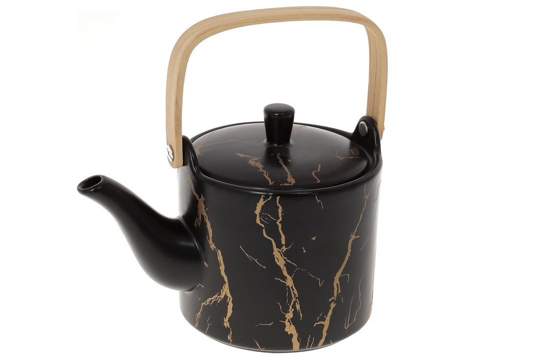 Чайник порцеляновий з бамбуковою ручкою, Мармурова Розкіш, 800 мл, чорний із золотом (805-714)