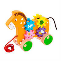 Деревянная каталка Viga Toys Лошадка с шестеренками Развивающая обучающая игрушка для малышей