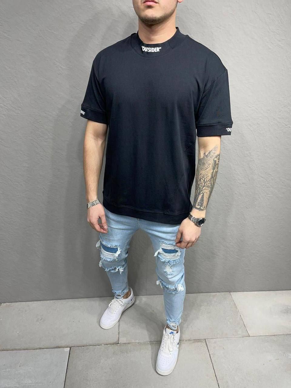 Чёрная мужская футболка широкая с надписью на воротнике (ID#1618184232 ...