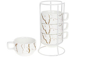 Набір (4 шт.) порцелянових кухлів 200 мл на підставці, Мармурова Розкіш, білий із золотом (805-725)