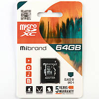 Карта памяти 64 Гб | Mibrand 64Gb | Тип microSDXC |  class 10 (adapter SD)