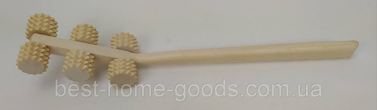 Дерев’яний ручний масажер для тіла з довгою ручкою, 6 роликів, роликовий масажер для спини, шиї, рук і ніг, бук, ручне управління, фото 1