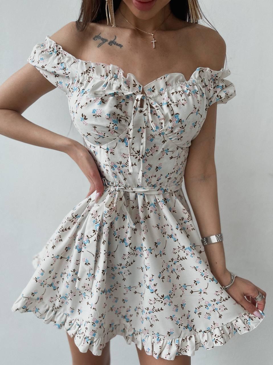 Квіткова коротка сукня з відкритими плечима, спідницею і корсетною вставкою (р. S, M) 66py4046Е, фото 1