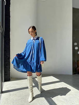 Платі міні Міла жіноче повітряне зі шіфон вільного кроя білим коміром Smdi7201, фото 2