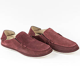 Літні мокасини з натурального нубуку бордові Kadar. Туфлі літні з перфорацією Кадар у бордовому кольорі