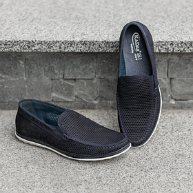 Літні мокасини з натурального нубуку темно-сині Kadar. Туфлі літні з перфорацією Кадар у темно-синьому кольорі