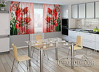 Фото Шторы для кухни "Бабочки с тюльпанами" 1,5м*2,5м (2 полотна по 1,25м), тесьма