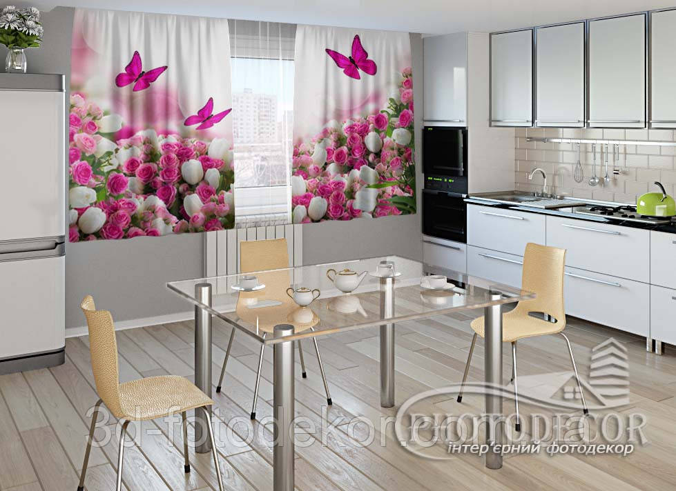 Фото Штори для кухні "Білі тюльпани з трояндами та метеликами" 1,5м*2,0м (2 полотна по 1,0м), тасьма