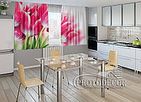 Фото Шторы для кухни "Букеты розовых тюльпанов" 1,5м*2,0м (2 полотна по 1,0м), тесьма.