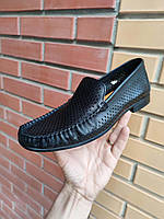 Легкие мужские туфли летние кожаные Лучиано Беллини черные. Летние мокасины кожаные черные Luciano Bellini