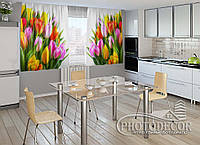 Фото Шторы для кухни "Букет из тюльпанов" 1,5м*2,0м (2 полотна по 1,0м), тесьма.