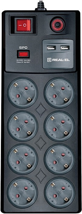 Фільтр-подовжувач мережевий REAL-EL RS-8F USB Charge 3м 8 розеток black, фото 1