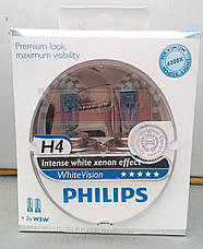 Автолампы Philips WhiteVision +60% H4+W5W 12V 60/55W P43t-38 (комплект 4шт.) 12342WHVSM, фото 3