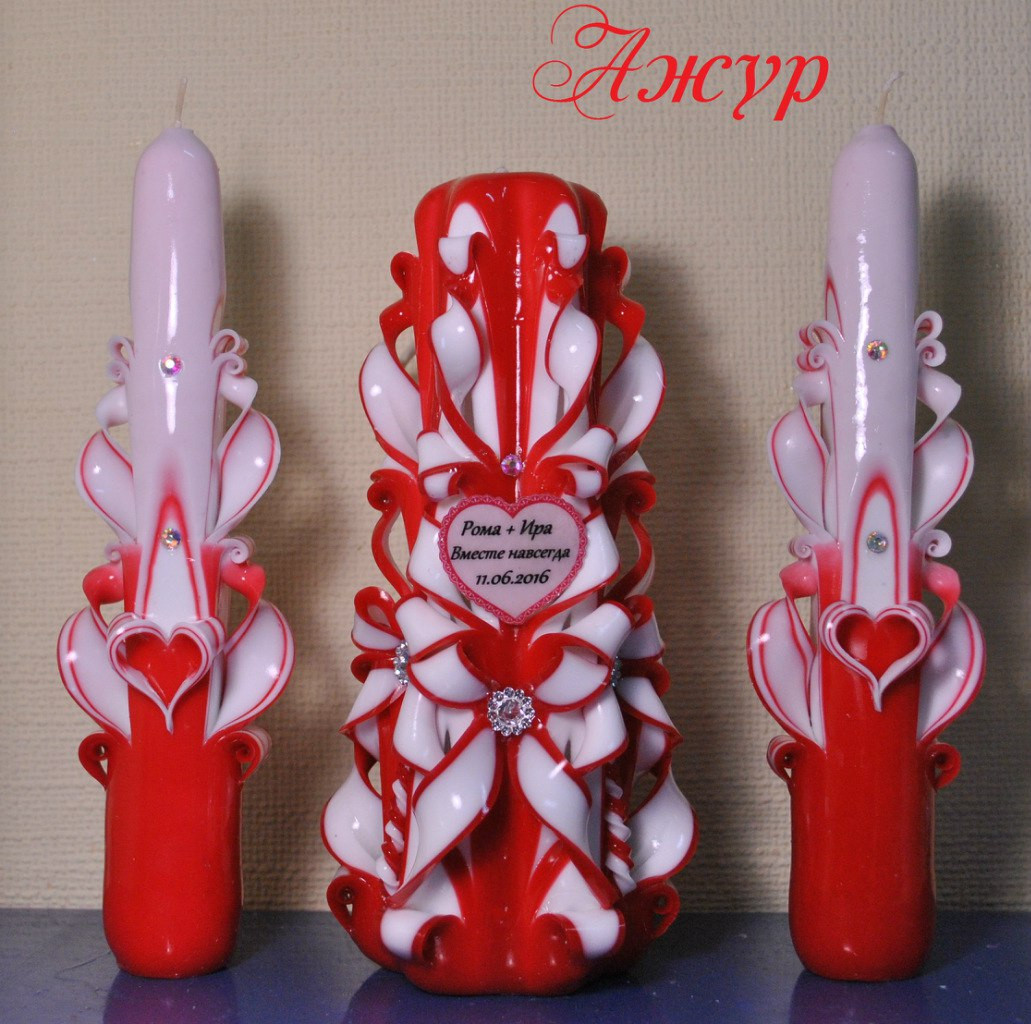 Набір весільних різальних свічок. Весільні свічки з написом, біло- червоні