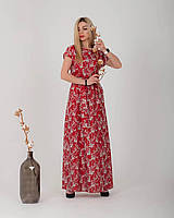 Длинное женское платье в пол, красное с цветами 52/54
