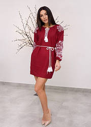 Жіноча вишита сукня Ольга на бордовому льоні з білою вишивкою. Розміри з S до 3XL