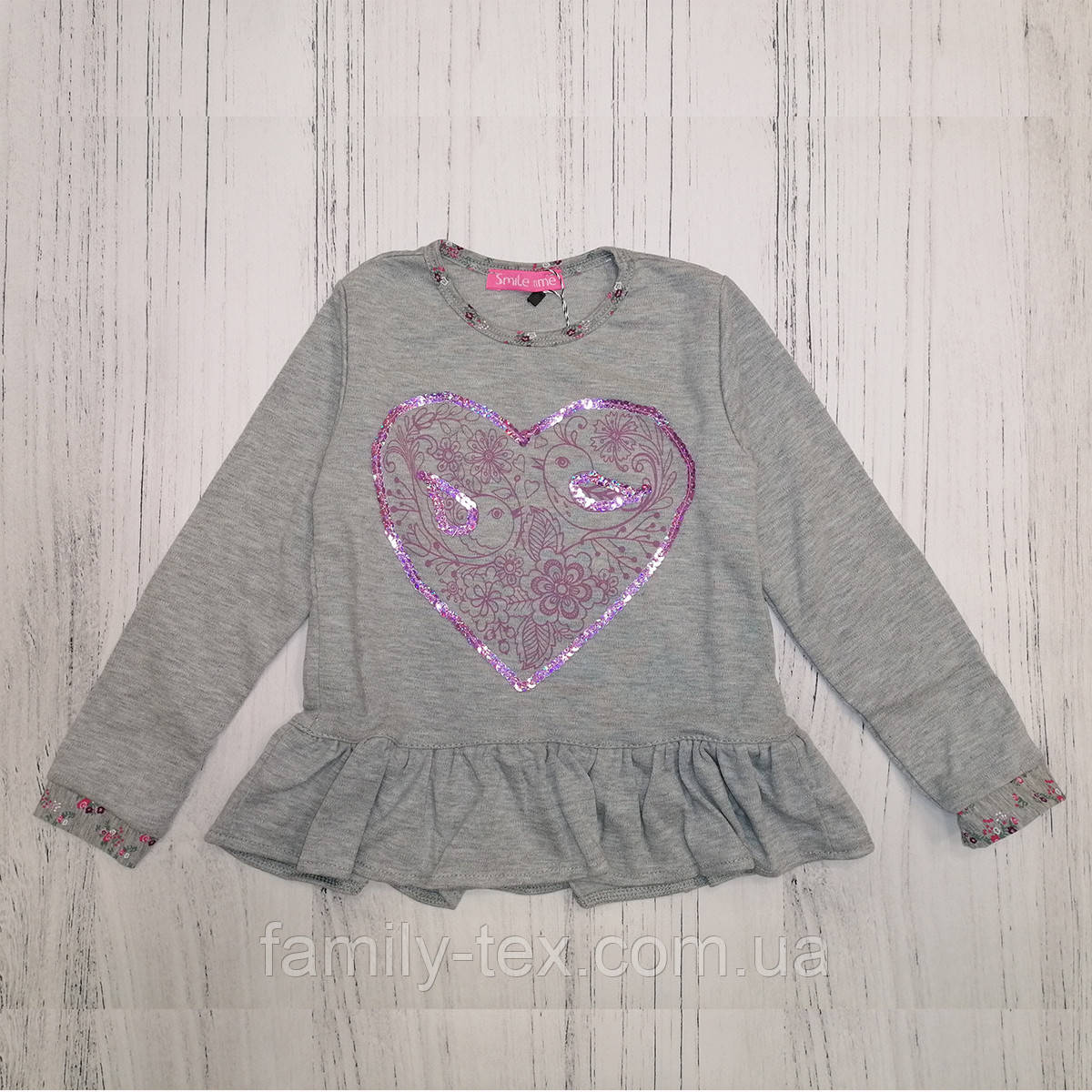 Реглан для дівчинки з паєтками SmileTime з баскою LoveBird, сірий, фото 1