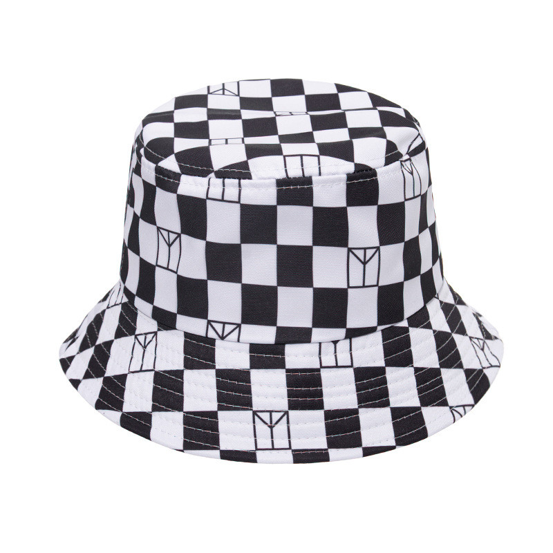 Панама з шаховим принтом, чорно-біла, літня, одностороння