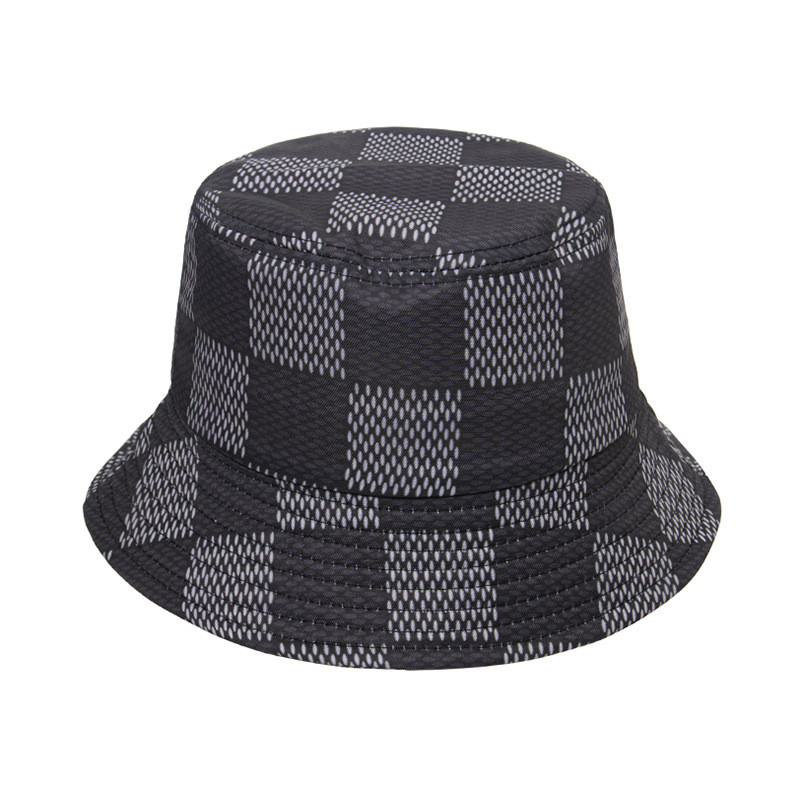 Панама з шаховим принтом, чорно-сіра, літня, одностороння