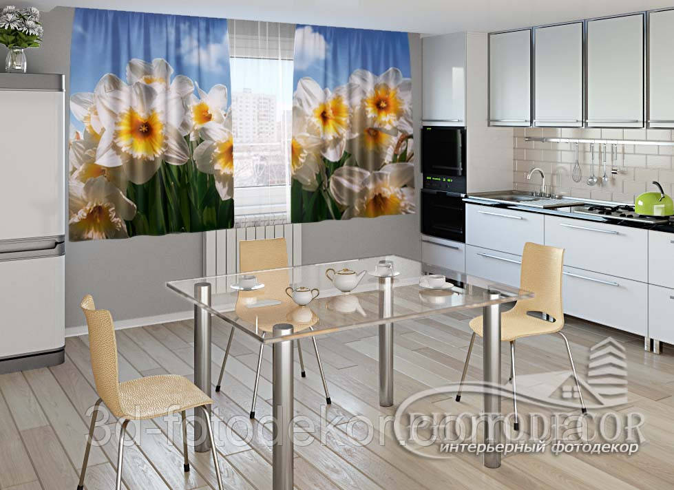 Фото Штори для кухні "Білі нарциси" 2,0м*2,9м (2 полотна по 1,45м), тасьма, фото 1