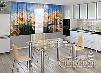 Фото Шторы для кухни "Белые нарциссы" 1,5м*2,0м (2 полотна по 1,0м), тесьма.
