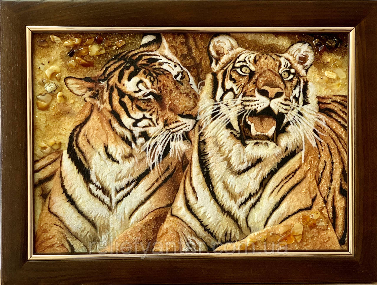 Картина з бурштину " Пара тигрів "30x40 см