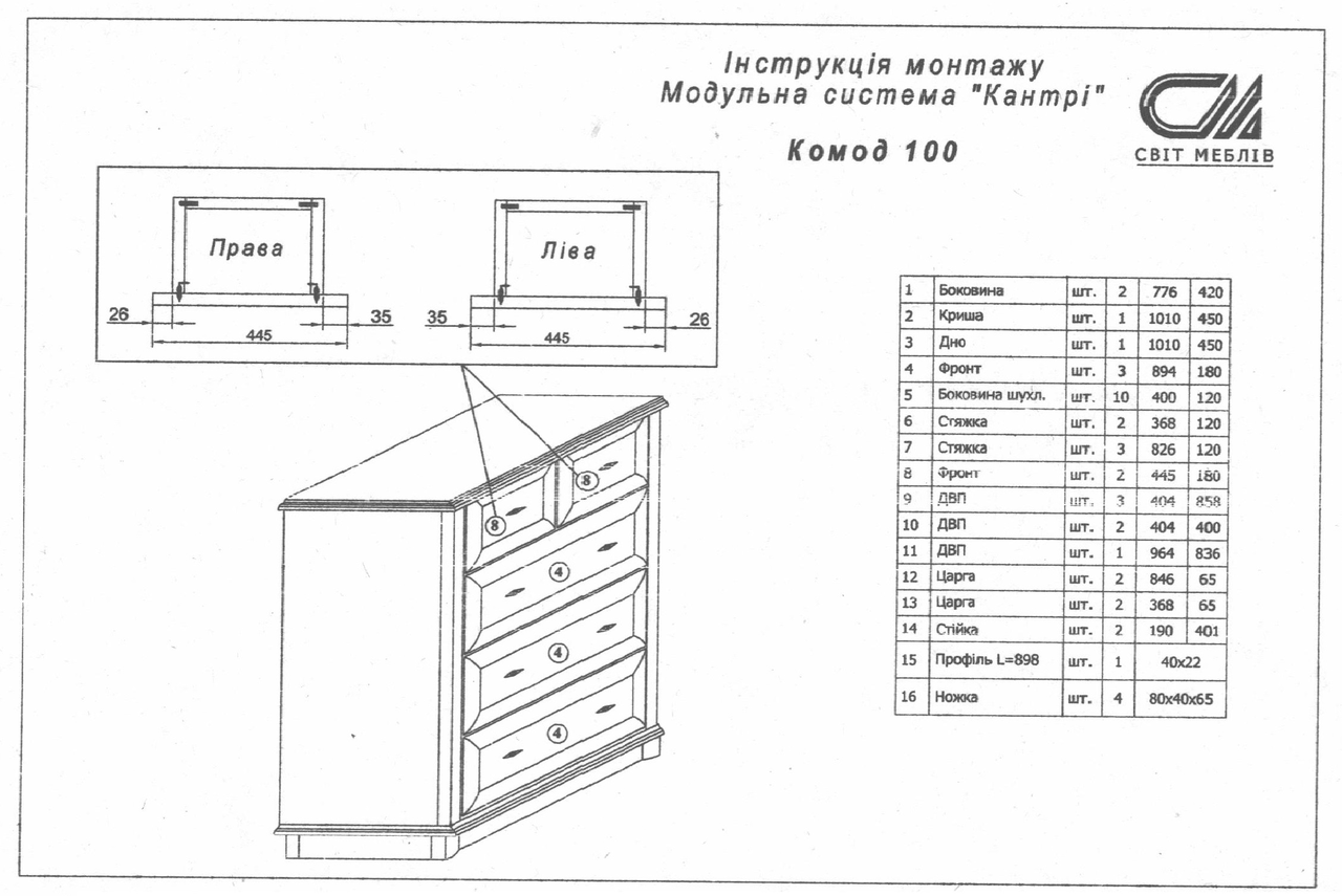 Комод на пять ящиков Кантри 100 корпус ДСП фасад МДФ Сосна Водевиль (Світ Меблів TM) - фото 2 - id-p1618676916