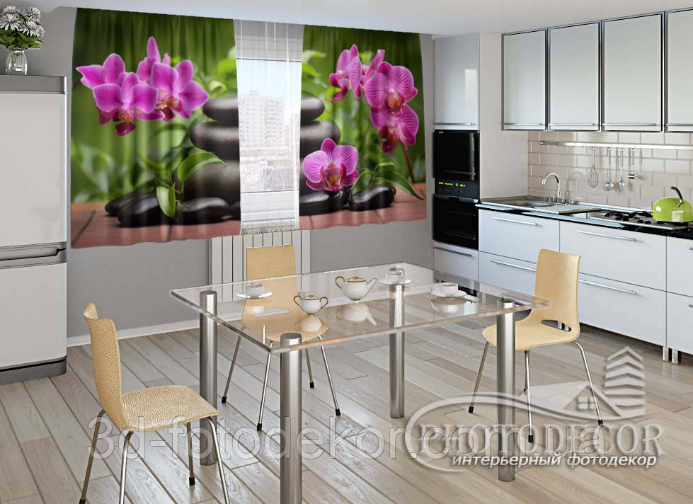 Фото Штори для кухні "Композиція з орхідей" 1,5м*2,0м (2 полотна по 1,0м), тасьма