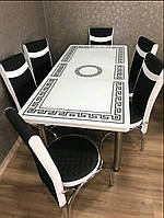 Стіл з 3D малюнком білий + 6 стільців кухонний обідній стіл зі скла і хромованого металу 3д стіл каркасна м