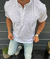 Летняя однотонная мужская рубашка белого цвета Мужские рубашки с коротким рукавом на лето белая стойка Турция