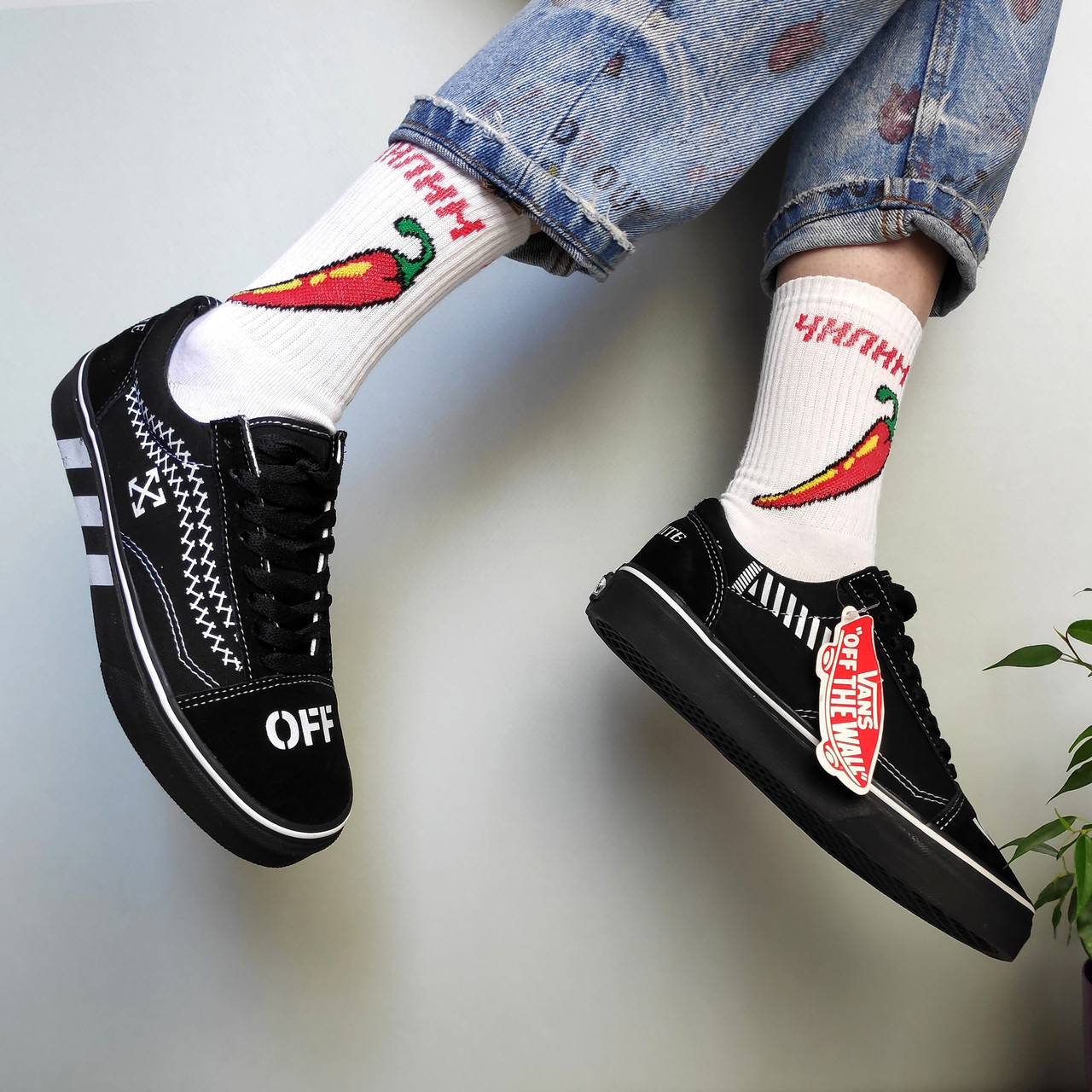 Жіночі та чоловічі кеди Vans Old Skool OFF WHITE (у стилі Ванс Олд Скул) чорно-білі, замш, бавовна Унісекс