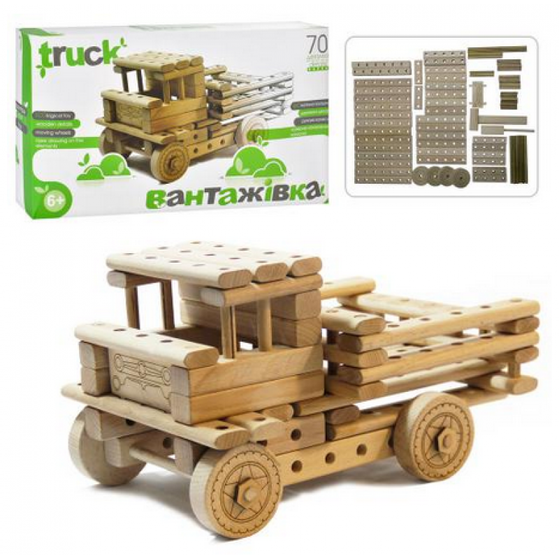 Деревянная игрушка Конструктор 01-102 грузовик,молоток,блоки, колесики, 70 детали. - фото 1 - id-p1618831224