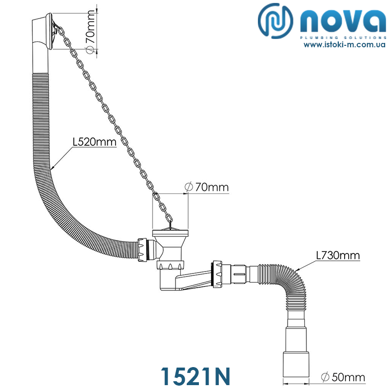 Сифон для ванны низкий 120мм, выпуск 70мм с гофротрубой NOVA 1521N - фото 2 - id-p526438794