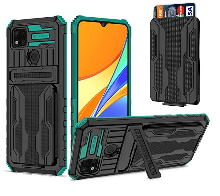 Протиударний чохол для Xiaomi Redmi 9c чорно зелений з підставкою і слотом для карт, фото 1
