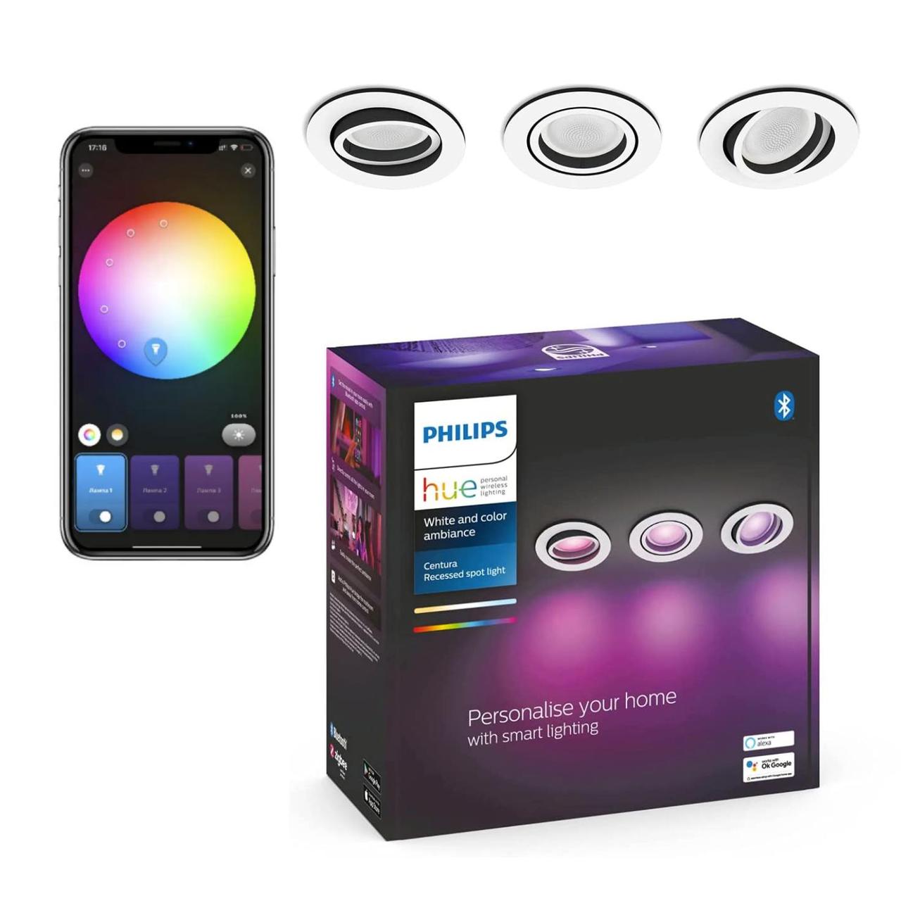 Стельові світильники Centura Philips Hue GU10 White and Color 350лм 50Вт 5.7W, Bluetooth, ZigBee, Apple HomeKit, 3 шт.