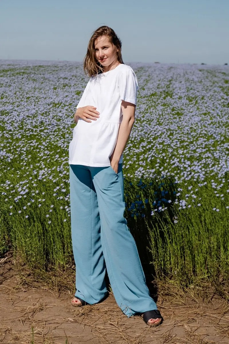 Сіро-блакитні штани для вагітних бавовняні вільного крою з бандажиком під животик, 5247752-СГ