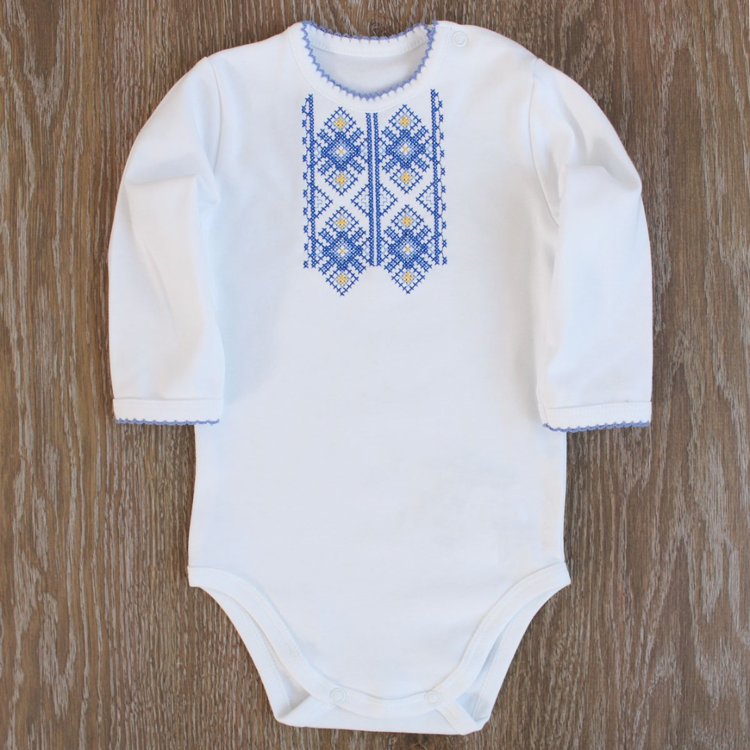 Боди вышиванка для мальчика с длинным рукавом, синий узор, бодик с вышивкой для новорожденных малышей, Ладан - фото 1 - id-p986005498