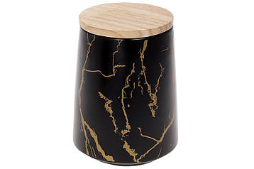 Банка порцелянова 720мл з бамбуковою кришкою Мармурова Розкіш, колір - чорний з золотом