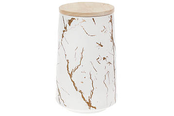 Банка порцелянова 1000мл з бамбуковою кришкою Мармурова Розкіш, колір - білий з золотом