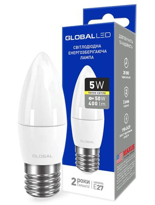 Світлодіодна лампа GLOBAL 1-GBL-131 C37 5W 3000К 220V E27 АР Код.58604 - фото 1 - id-p261856330