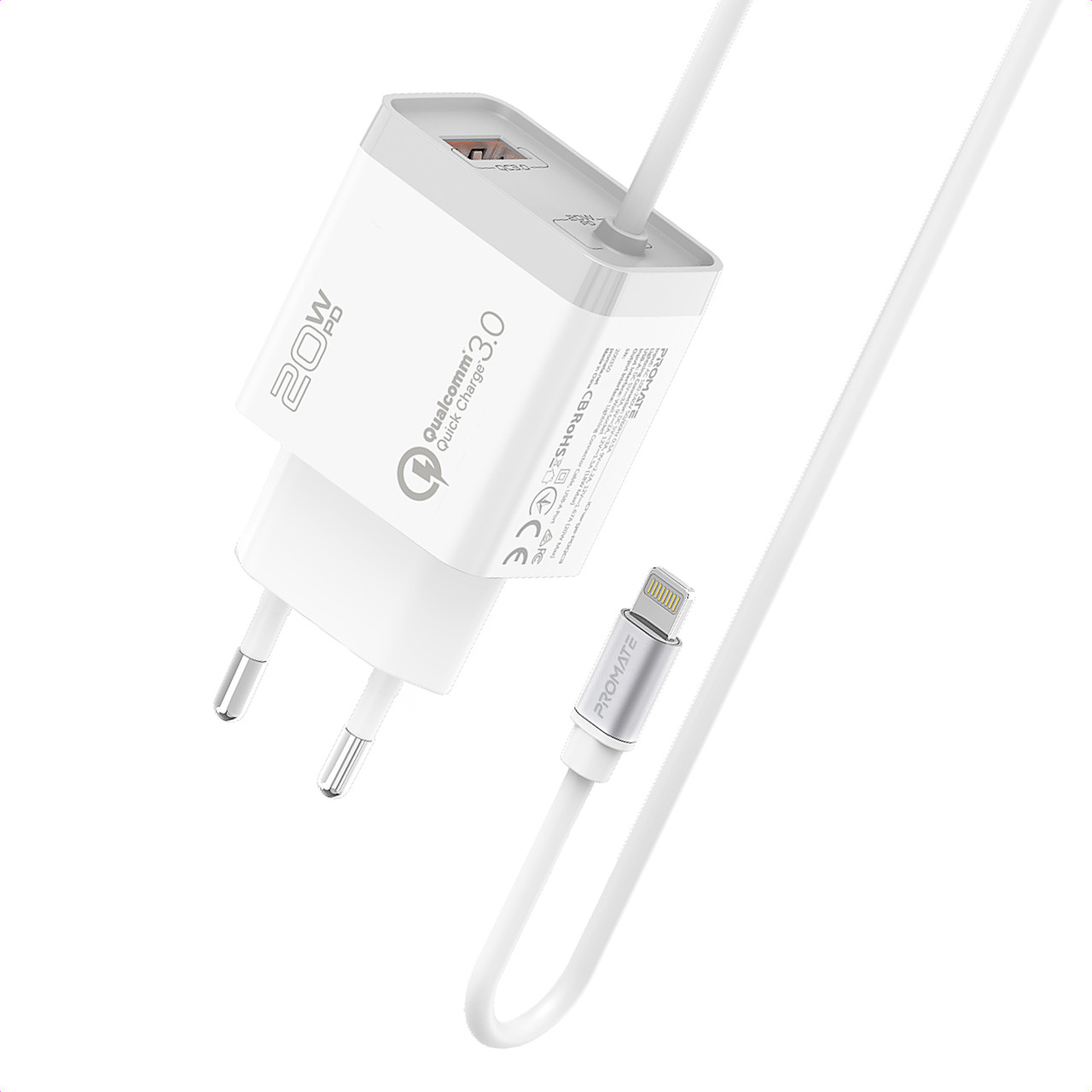 Мережевий зарядний пристрій Promate iCharge-PDQC3 20Вт PD Lightning connector+USB QC3.0 White (icharge-pdqc3.white)