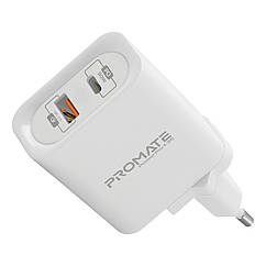 Мережевий зарядний пристрій Promate PowerPort-36 36 Вт Type-C PD + USB QC 3.0 White (powerport-36.white)