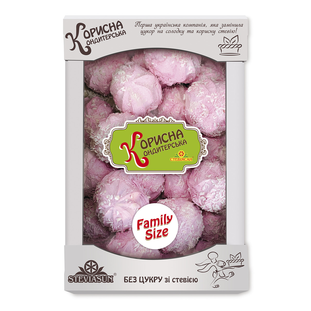 Зефір рожевий без цукру зі стевією й асаї беррі в кокосовій стружці 500 г STEVIASUN OST-211-2