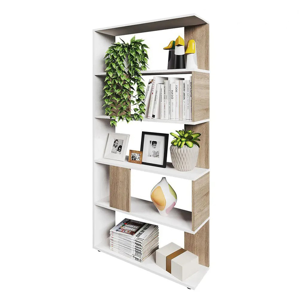 Високий стелаж для дому, перегородка, книжкова шафа з ДСП 5 відділень, СТ-5-800 колір Білий \ Дуб Сонома