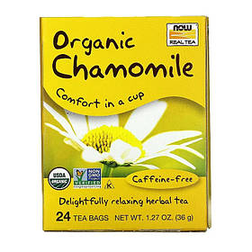 Чай із ромашкою NOW Foods, Real Tea "Organic Chamomile" без кофеїну, 24 пакетики (48 г)