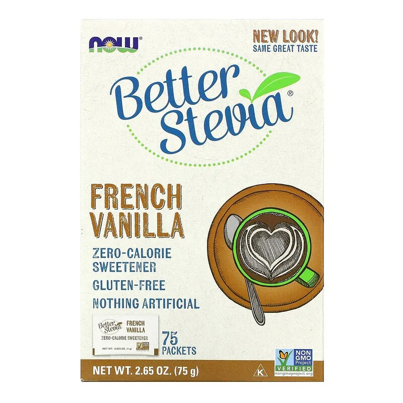 Натуральна стевія NOW Foods "Better Stevia" без калорій, смак французька ваніль (75 пакетиків по 1 г)