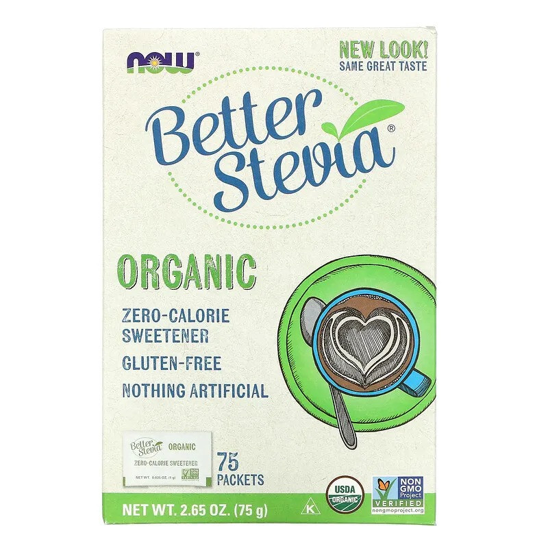Натуральна стевія NOW Foods "Better Stevia" підсолоджувач без калорій, 75 пакетів (75 г)