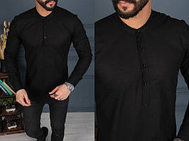 Легка однотонна чоловіча сорочка чорна, Чоловічі чорні сорочки без коміра літня турецька
