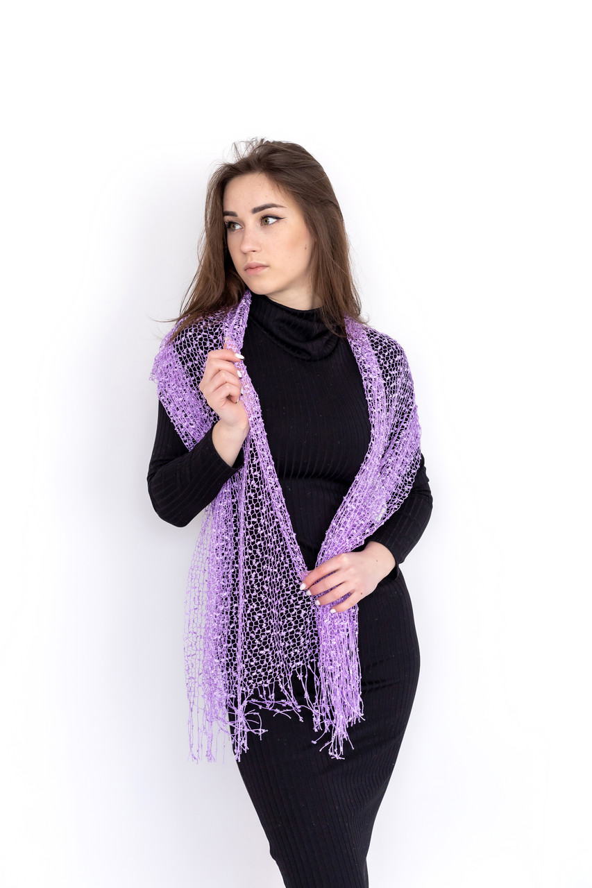 Легкий прозорий жіночий шарф з бахромою в сітку Лаванда.